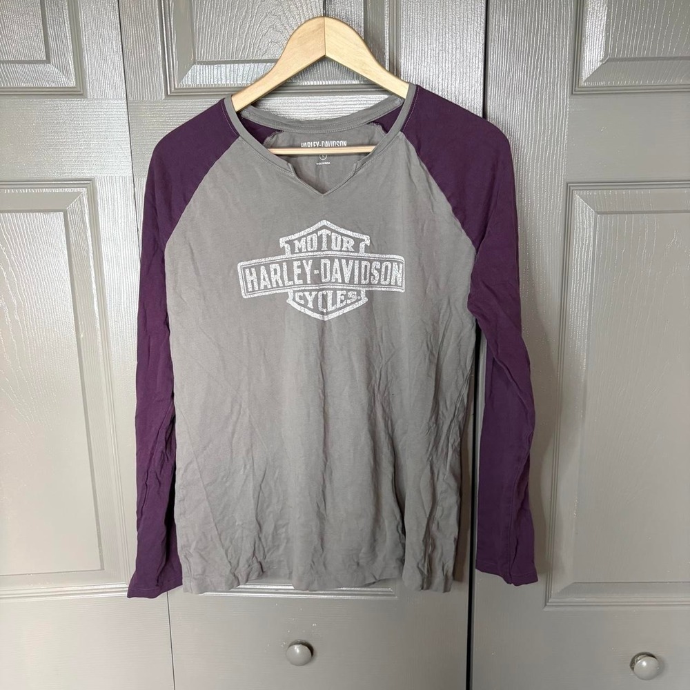 Harley Davidson Womens Long Sleeve Raglan Shirt Grey Purple Y2K Biker Logo L
